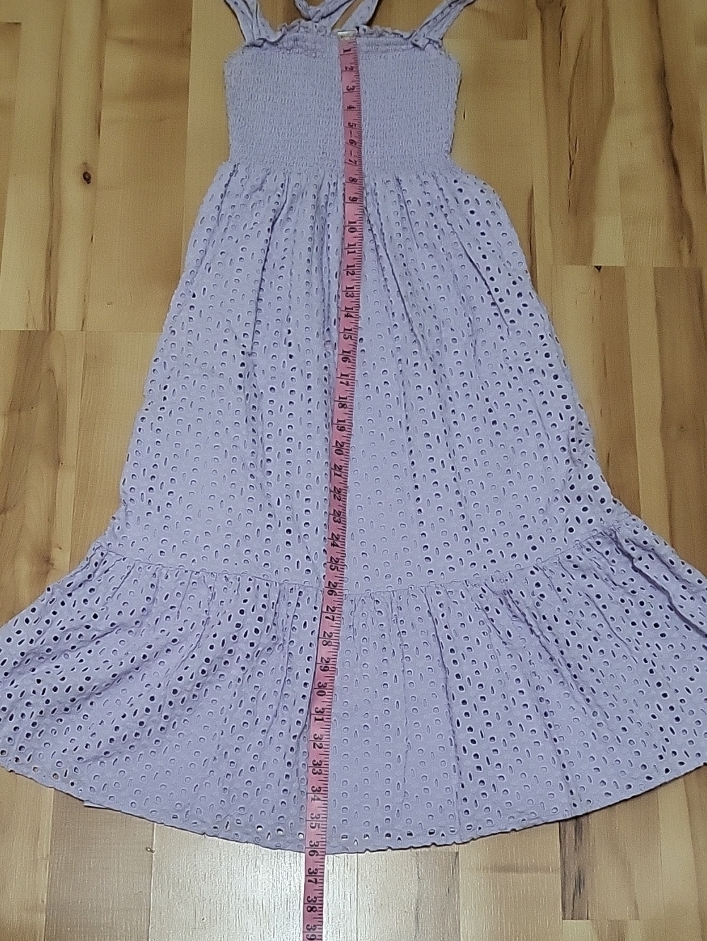 Koko & Mason Lavender Eyelet Maxi Dress Smocked Tie Straps Women's Size Small - Picture 12 of 13
